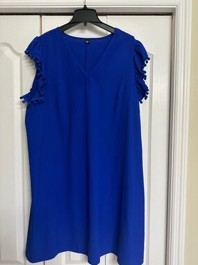 SHEIN Royal Blue V-Neck Dress with Pom Trim Sleeves-cute and doesn’t wrinkle!
